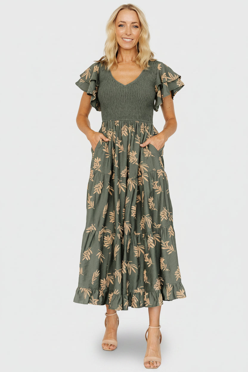 Estelle Smocked Midi Dress | Baltic Born Green + Tan Print