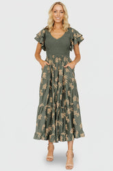 Estelle Smocked Midi Dress | Baltic Born Green + Tan Print