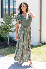 Estelle Smocked Midi Dress | Baltic Born Green + Tan Print