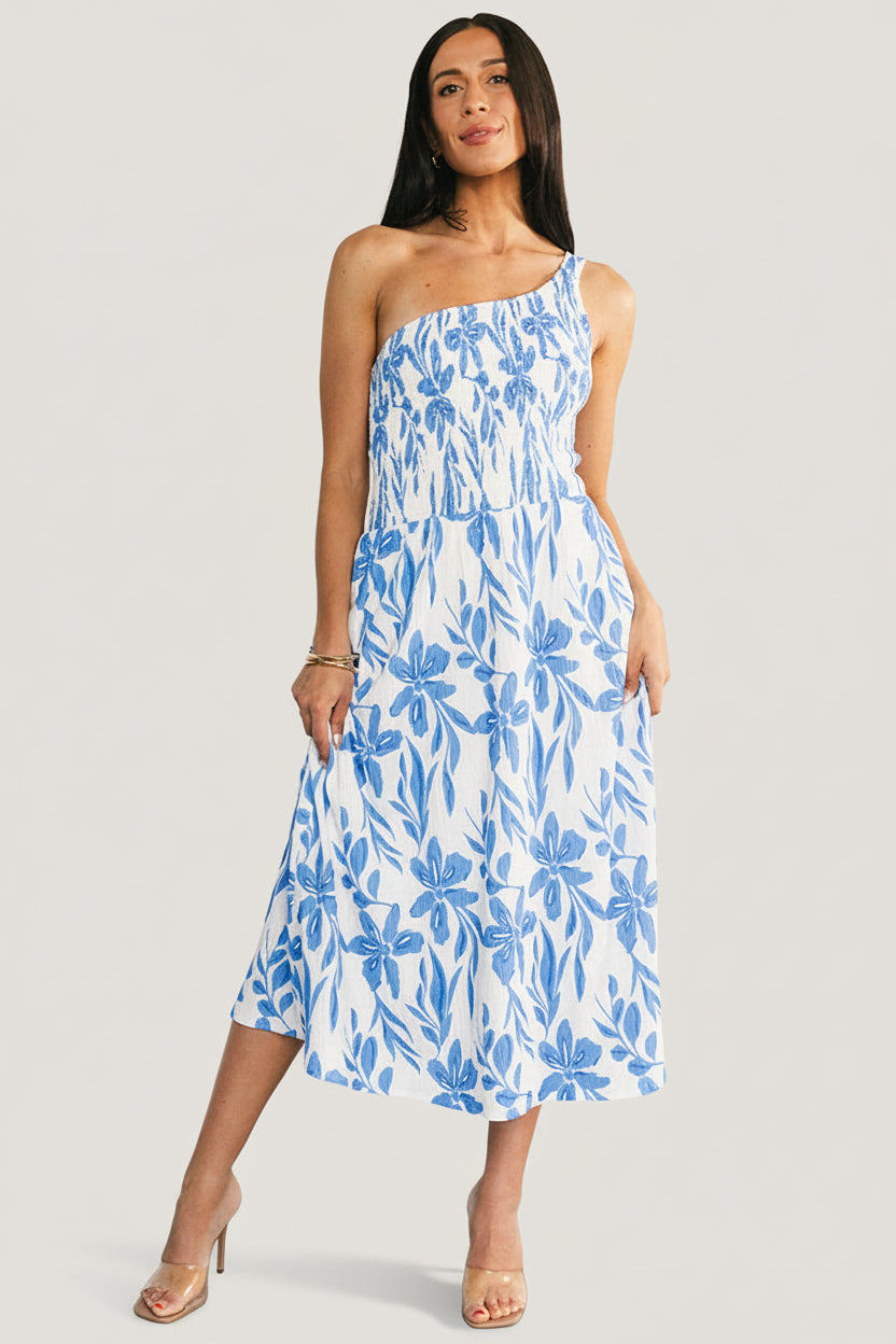 Brisa One Shoulder Midi Dress | Baltic Born White + Blue