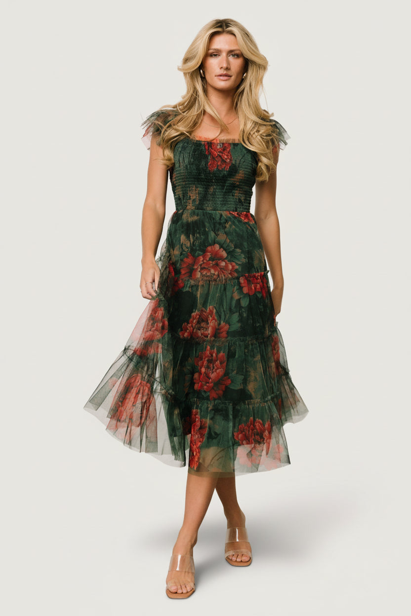 Clementine Tulle Midi Dress | Baltic Born Dark Green Floral