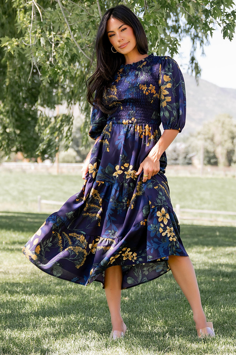 Lena Tiered Midi Dress | Baltic Born Navy + Gold Floral