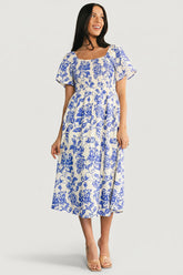 Dolores Smocked Midi Dress | Baltic Born Ivory + Blue Floral