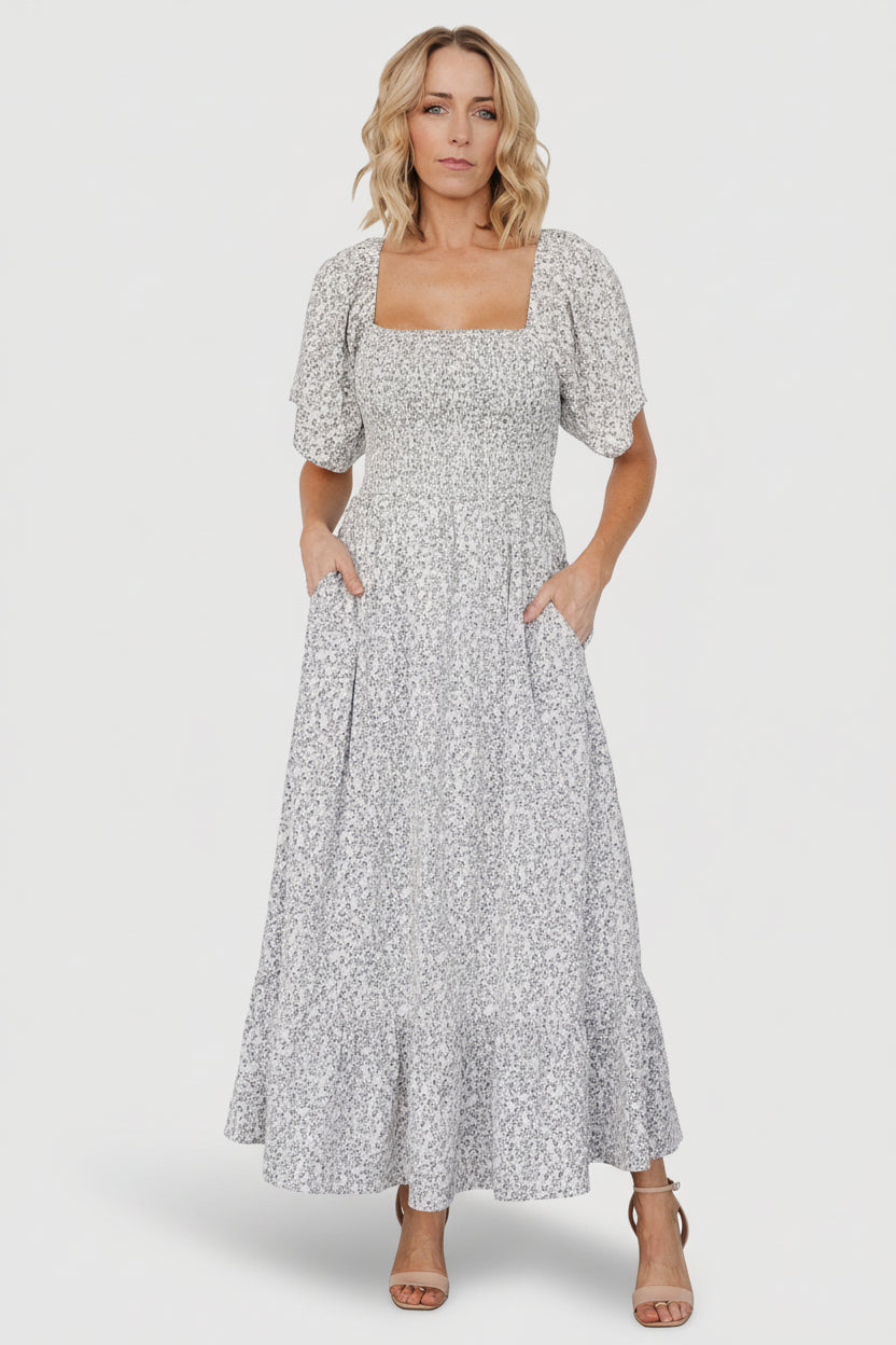 Cassis Smocked Midi Dress | Baltic Born Ivory + Black Floral