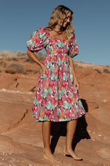 Aimee Puff Sleeve Midi Dress | Baltic Born Pink Multi