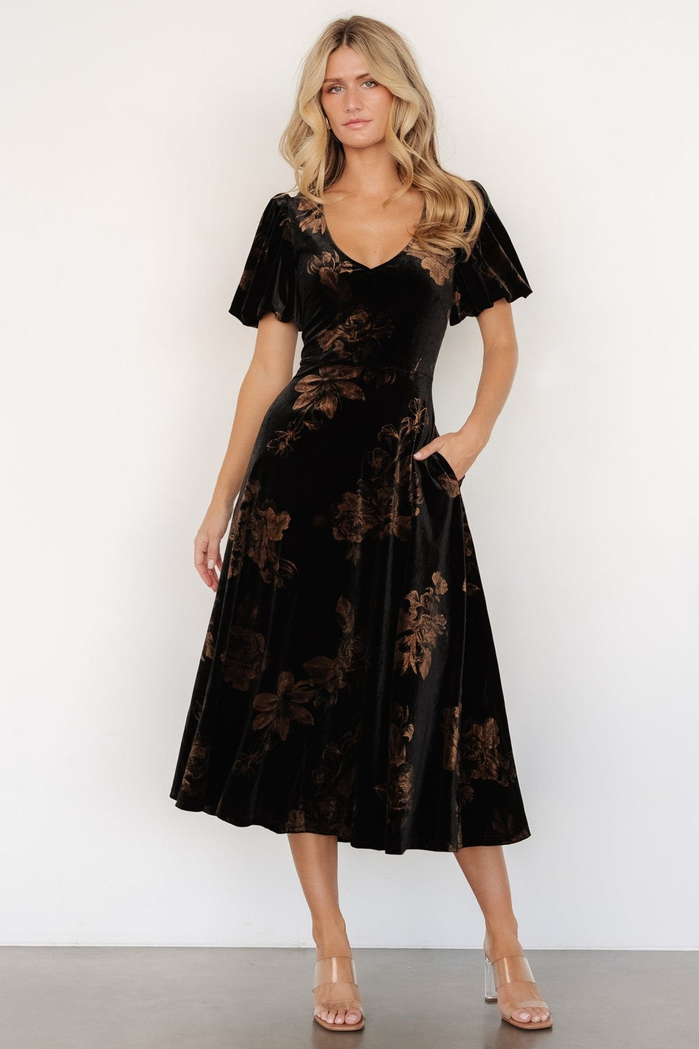 Janna Velvet Midi Dress | Baltic Born Black + Bronze Floral