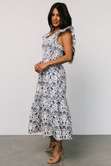 Rhodes Smocked Dress | Baltic Born White + Blue Print