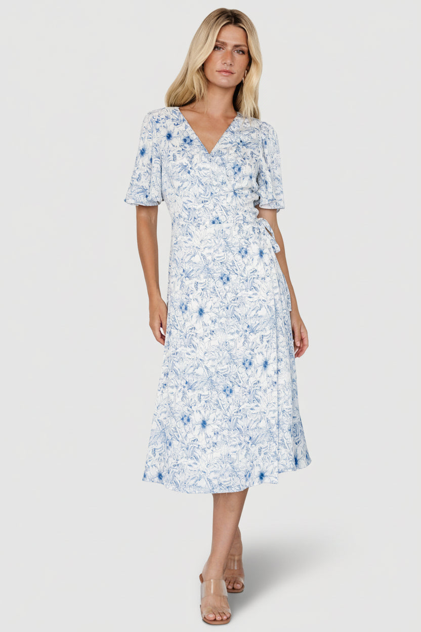 Amelie Wrap Midi Dress | Baltic Born Blue Print