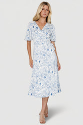Amelie Wrap Midi Dress | Baltic Born Blue Print