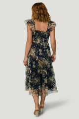 Clementine Tulle Midi Dress | Baltic Born Blue + Golden Floral