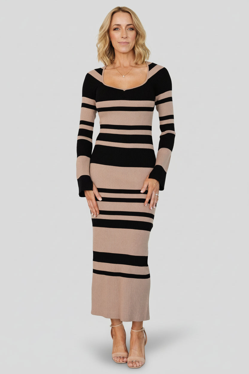 Marika Ribbed Dress | Baltic Born Camel + Black Stripe