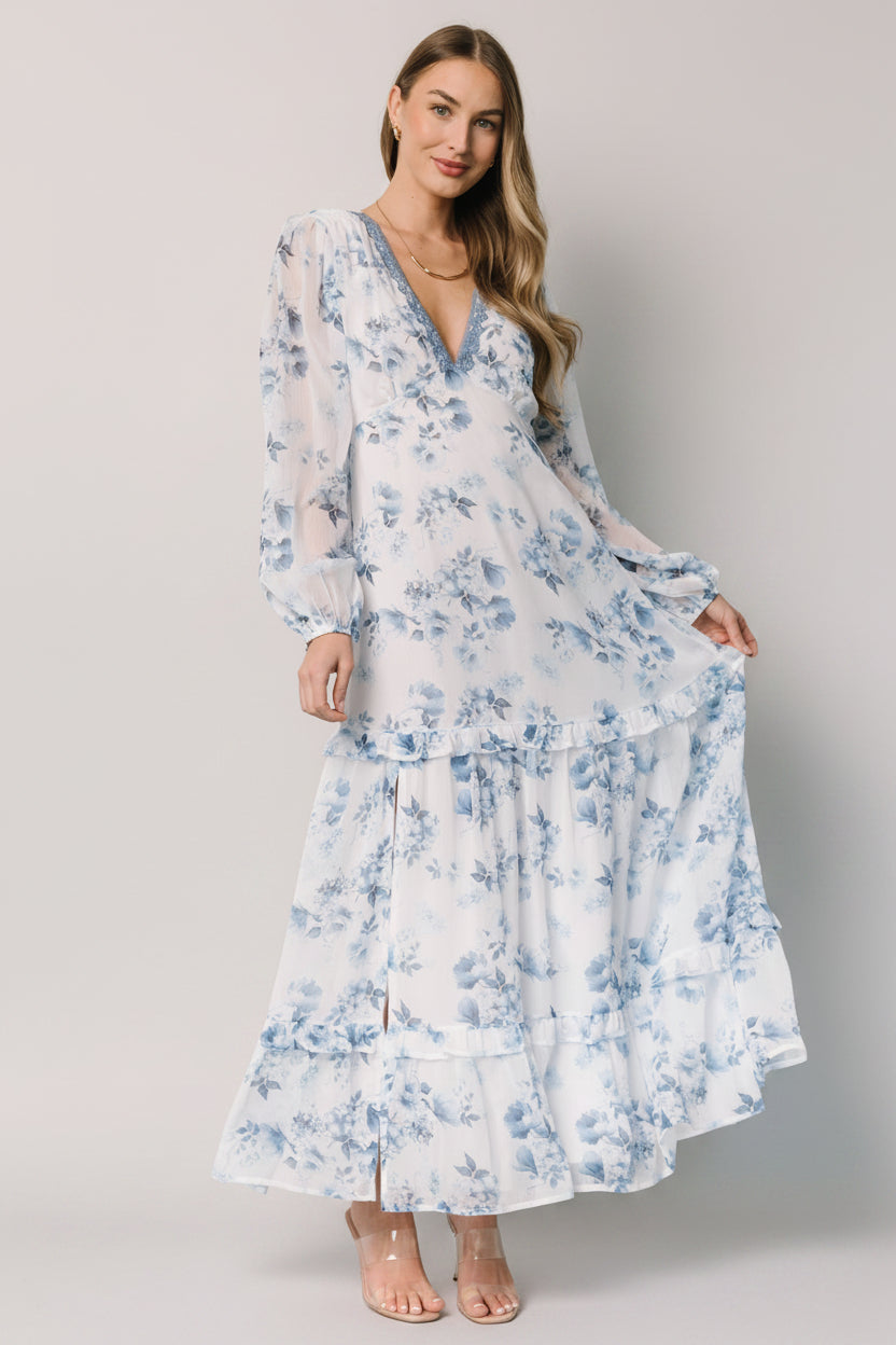 Rumi Deep V Maxi Dress | Baltic Born Off White + Blue Floral