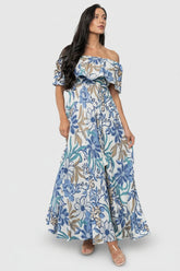 Valentina Off Shoulder Maxi Dress | Baltic Born Cream + Blue Multi