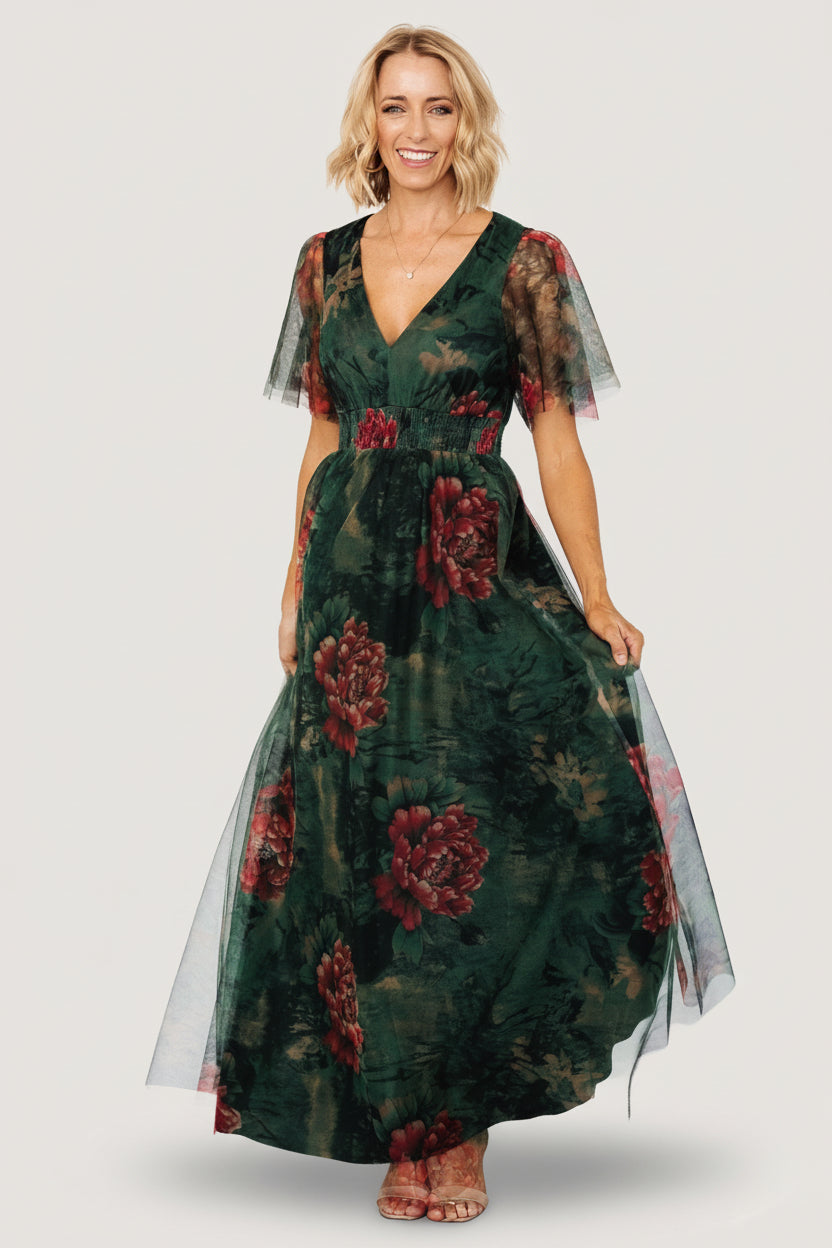 Cressida Tulle Maxi Dress | Baltic Born Dark Green + Red Floral