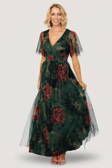 Cressida Tulle Maxi Dress | Baltic Born Dark Green + Red Floral