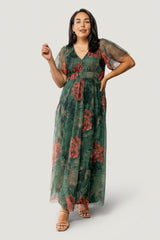 Cressida Tulle Maxi Dress | Baltic Born Dark Green + Red Floral