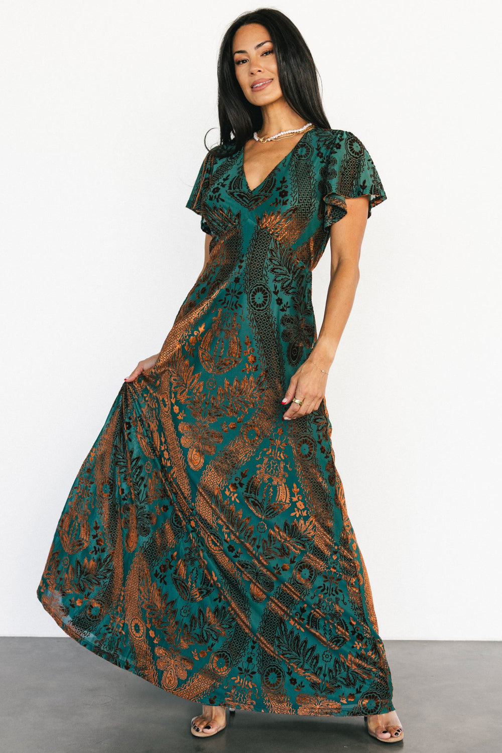 Kimberly Velvet Maxi Dress | Baltic Born Jade + Bronze