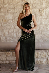 Tatiana Velvet One Shoulder Maxi Dress | Baltic Born Olive