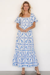 Lexa Smocked Maxi Dress | Baltic Born Off White + Blue Floral