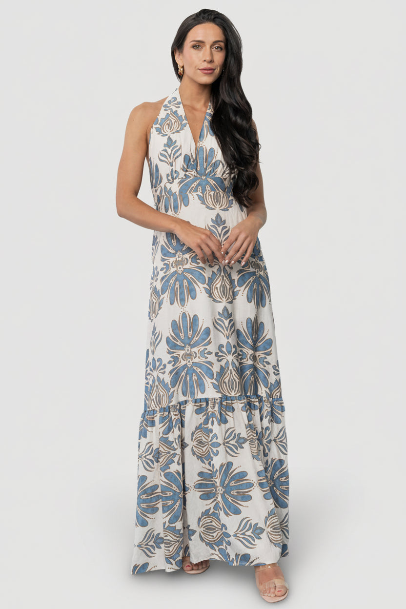Estrella Halter Maxi Dress | Baltic Born Navy + Tan
