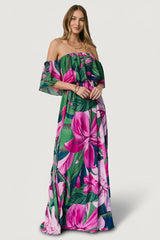 Azalea Off Shoulder Maxi Dress | Baltic Born Green + Fuchsia Floral