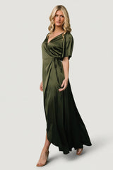 Vara Satin Maxi Wrap Dress | Baltic Born Juniper Green