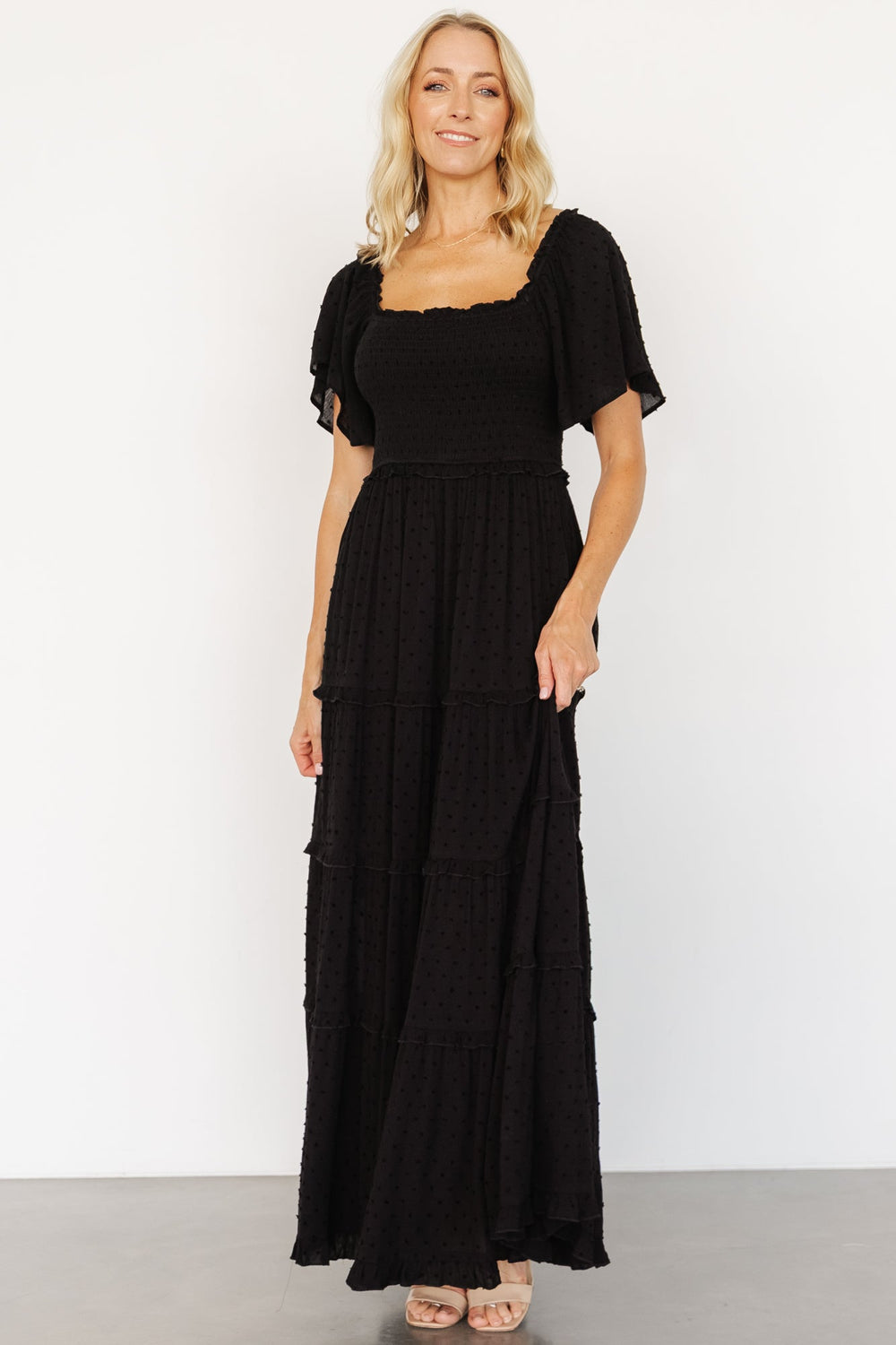 Lenora Smocked Dotted Maxi Dress | Baltic Born Black