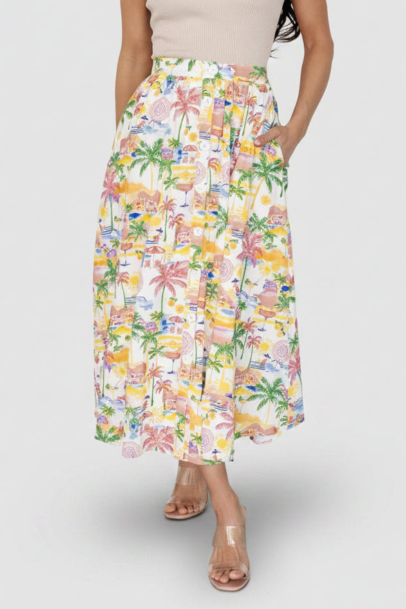 Gigi Button Midi Skirt | Baltic Born Off White + Multi Print