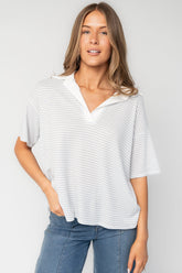 Billie Open Collar Top | Baltic Born Light Blue + White