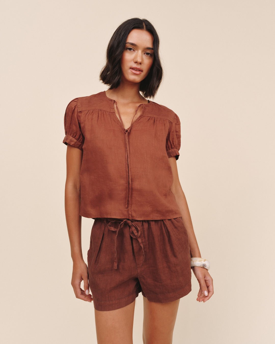 Bella Dahl Short Sleeve Flowy Pullover Top - Sea Glass Brown