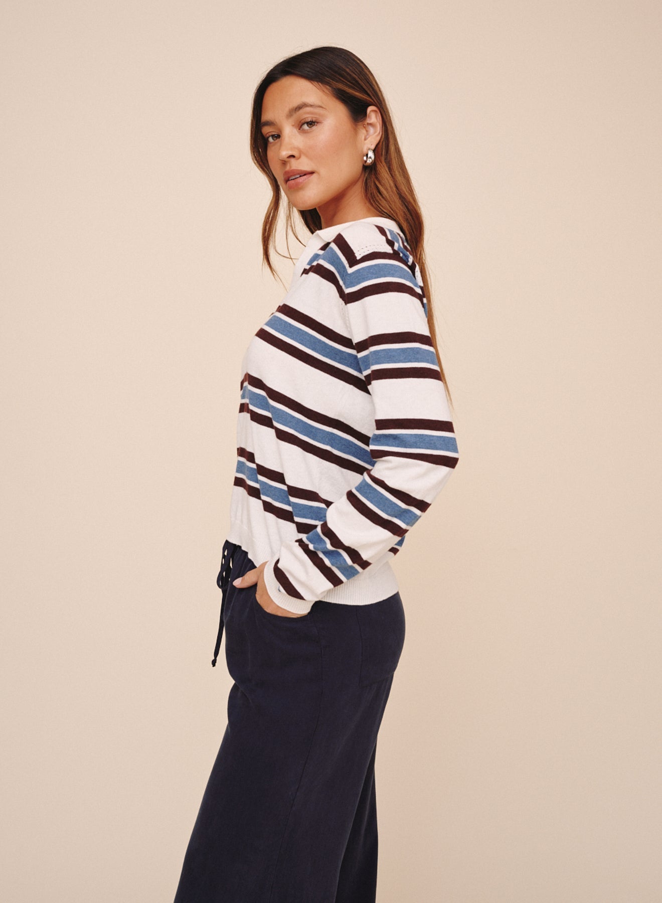 Bella Dahl Long Sleeve Placket Pullover - Garnet Stripe