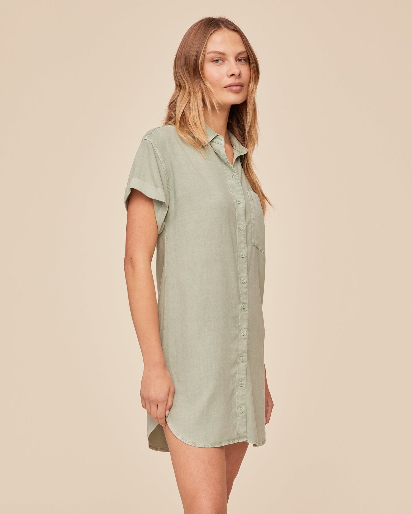 Bella Dahl Roll Sleeve Pocket Shirt Dress - Oasis Green