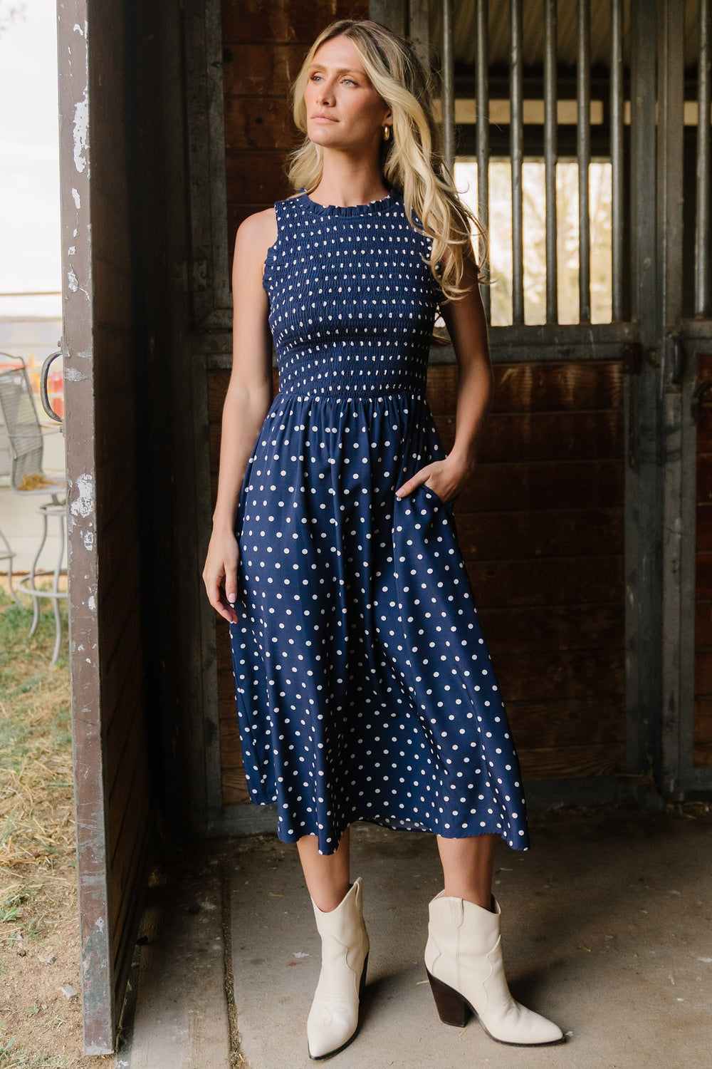 Alex Smocked Midi Dress | Baltic Born Navy Dot