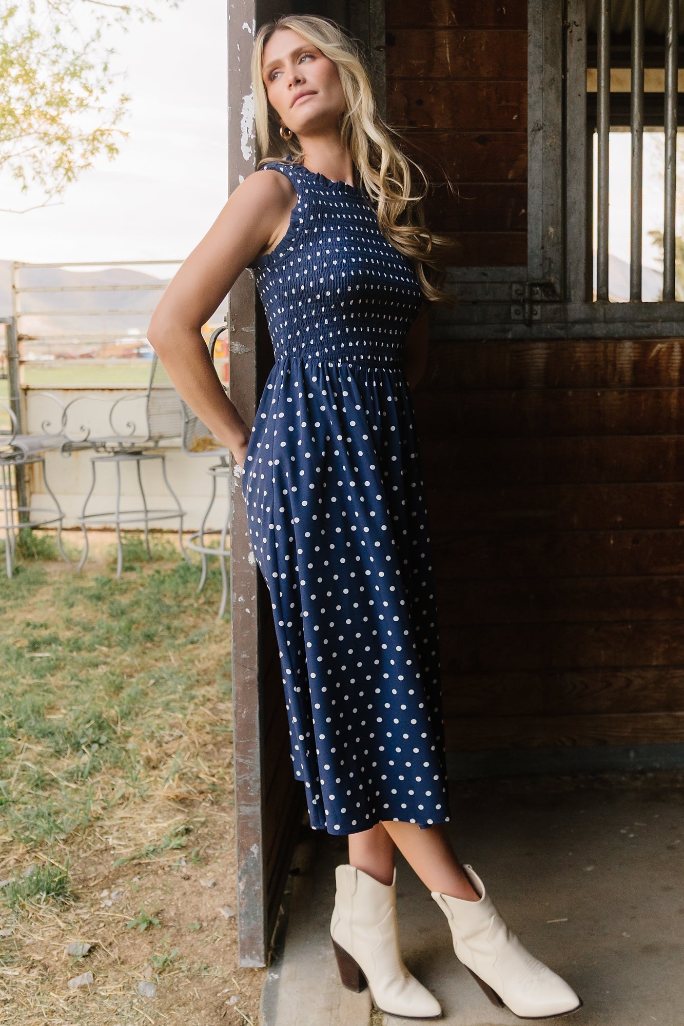 Alex Smocked Midi Dress | Baltic Born Navy Dot