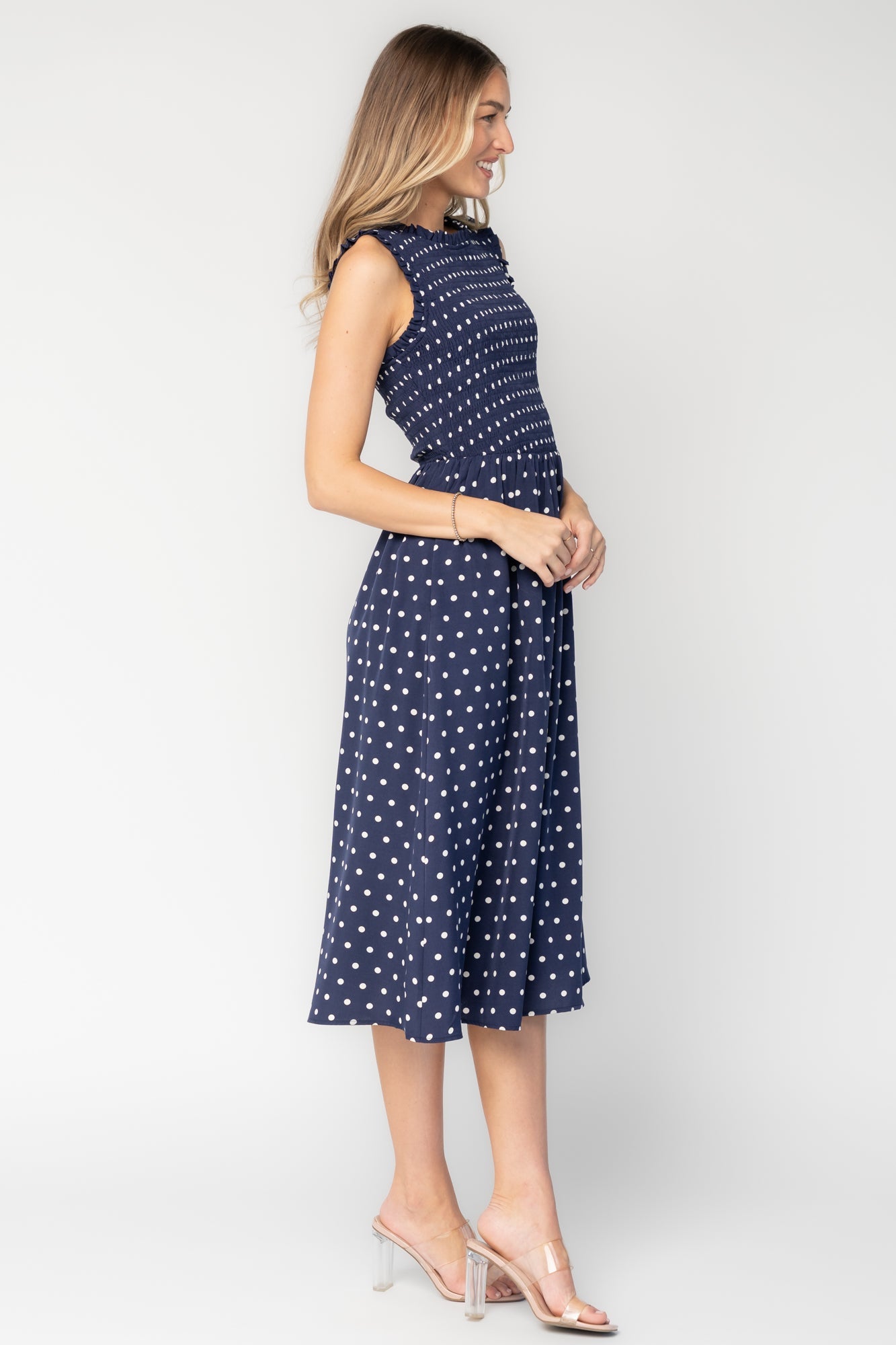 Alex Smocked Midi Dress | Baltic Born Navy Dot