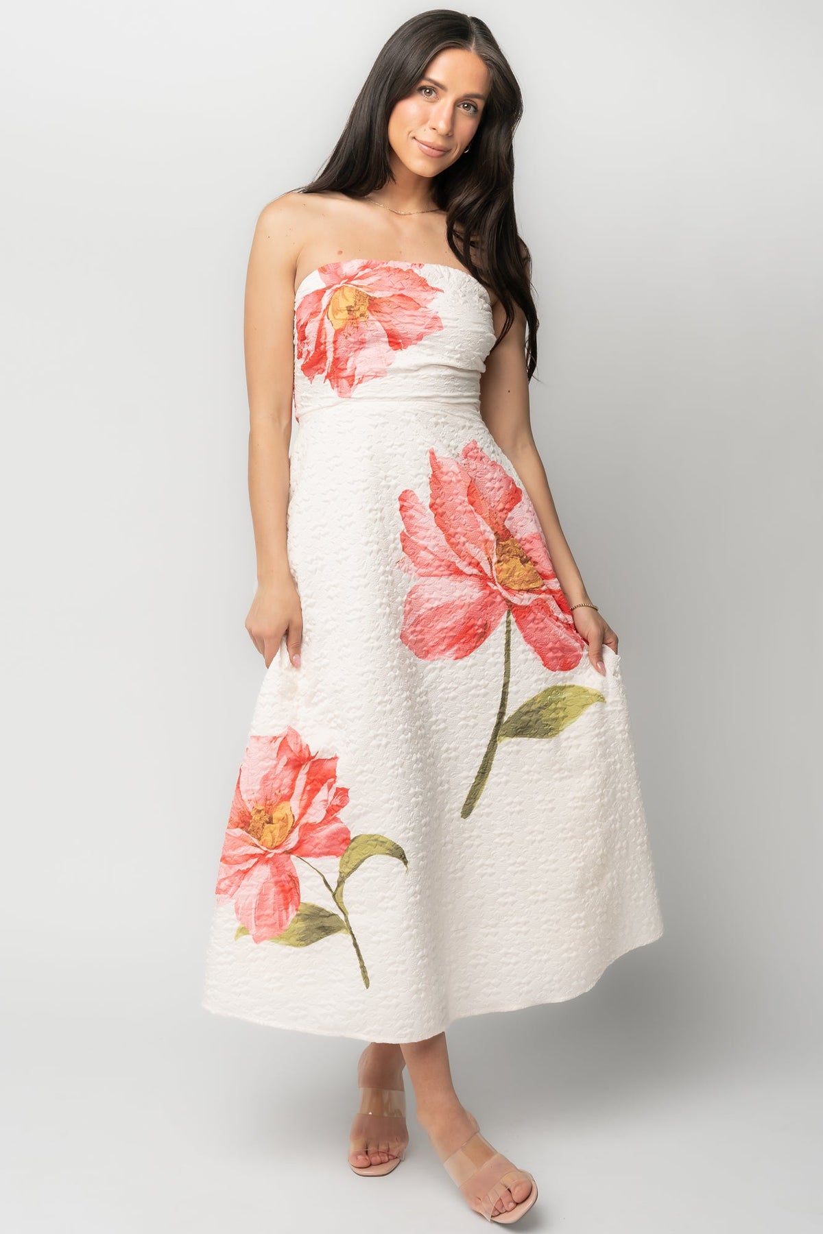 Genesis Strapless Midi Dress | Baltic Born White + Pink Floral