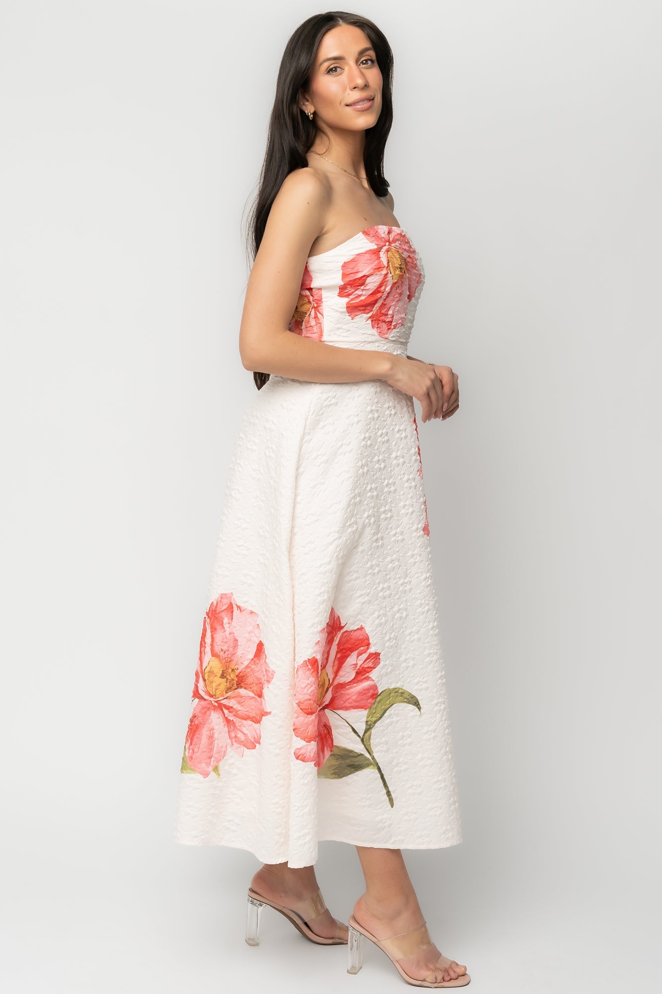 Genesis Strapless Midi Dress | Baltic Born White + Pink Floral