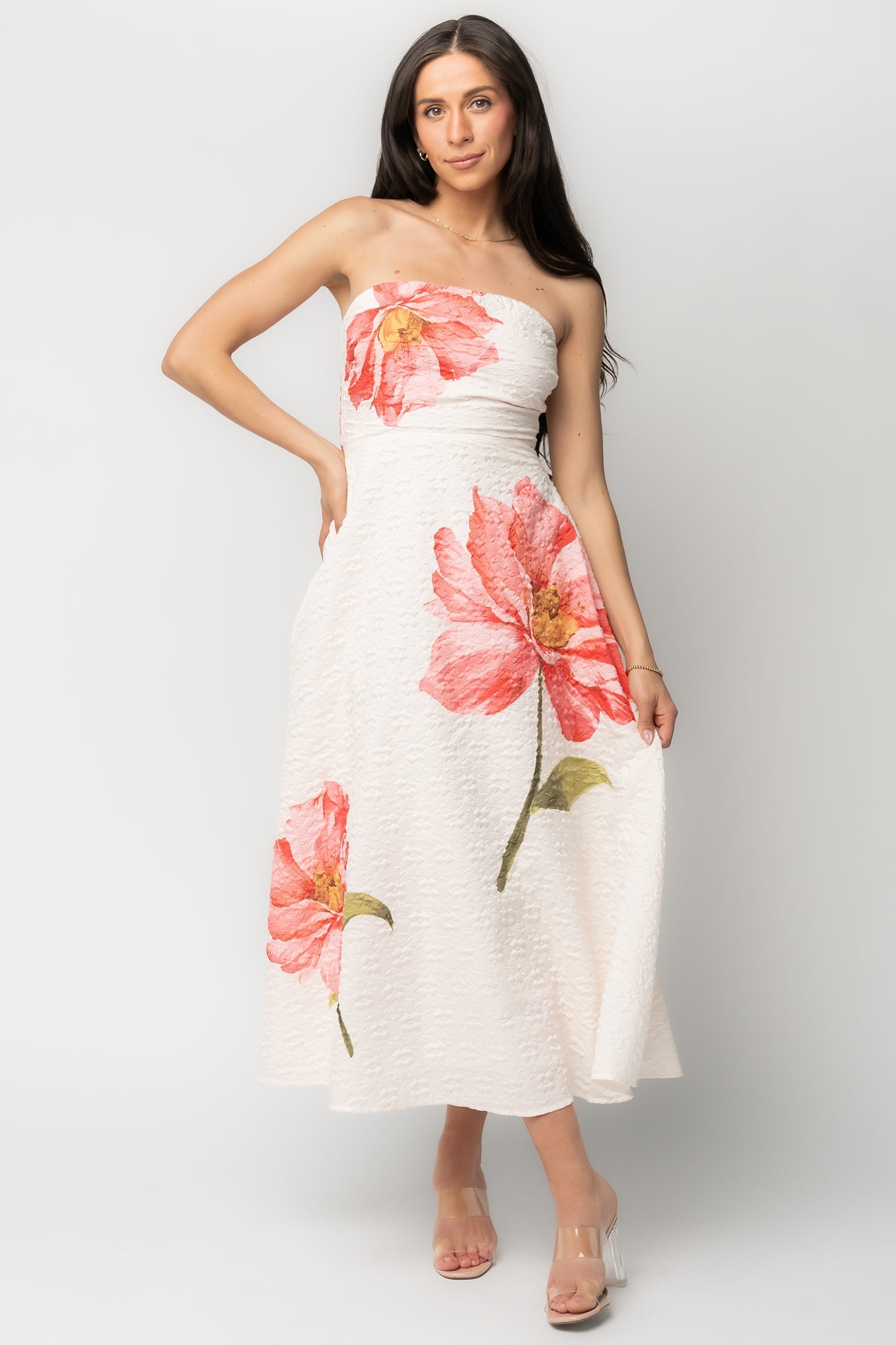 Genesis Strapless Midi Dress | Baltic Born White + Pink Floral
