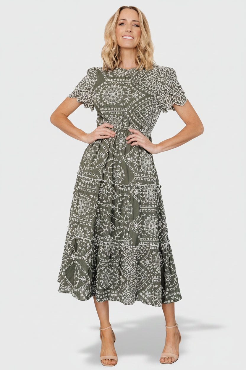 Mirabel Eyelet Midi Dress | Baltic Born Olive + White
