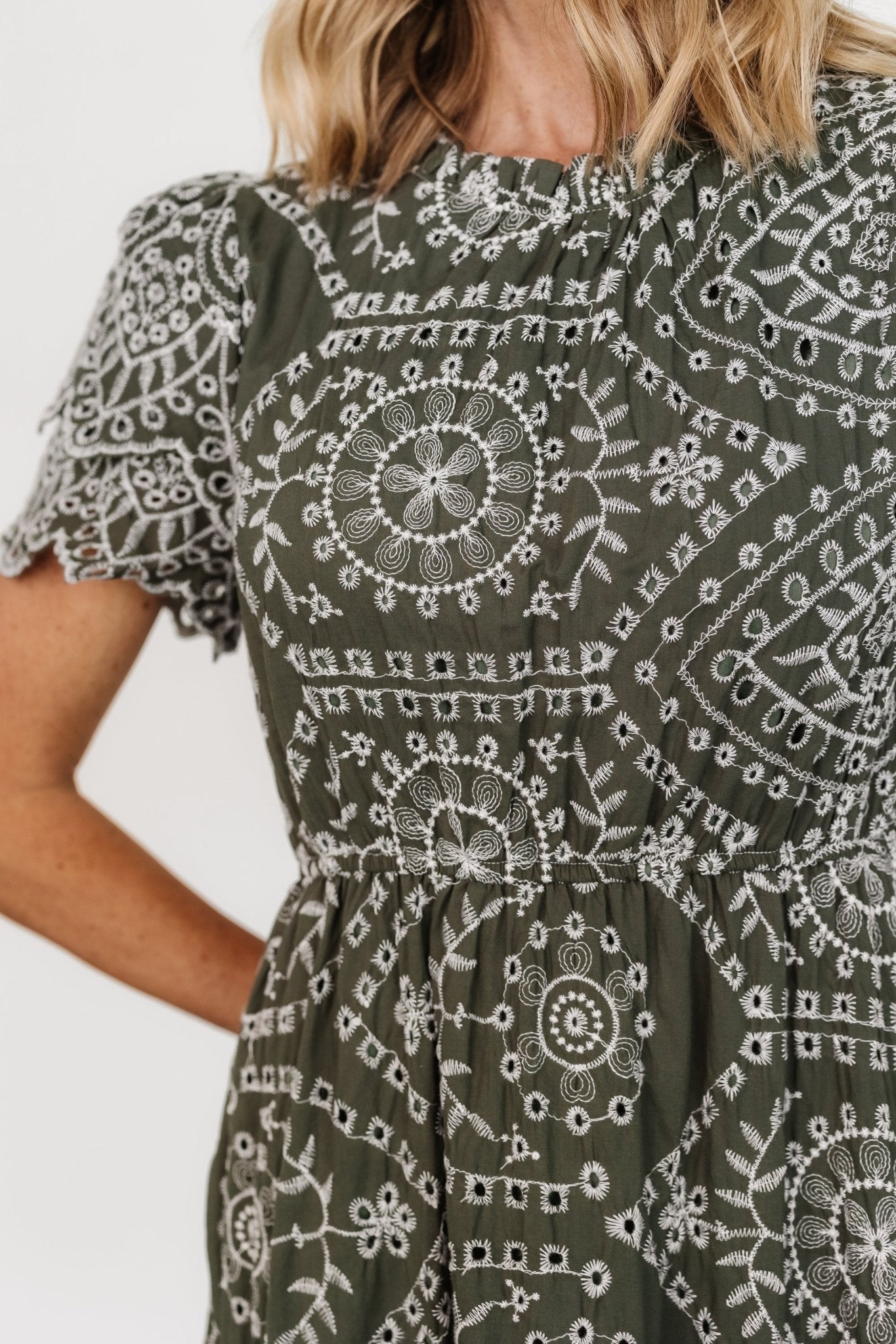 Mirabel Eyelet Midi Dress | Baltic Born Olive + White