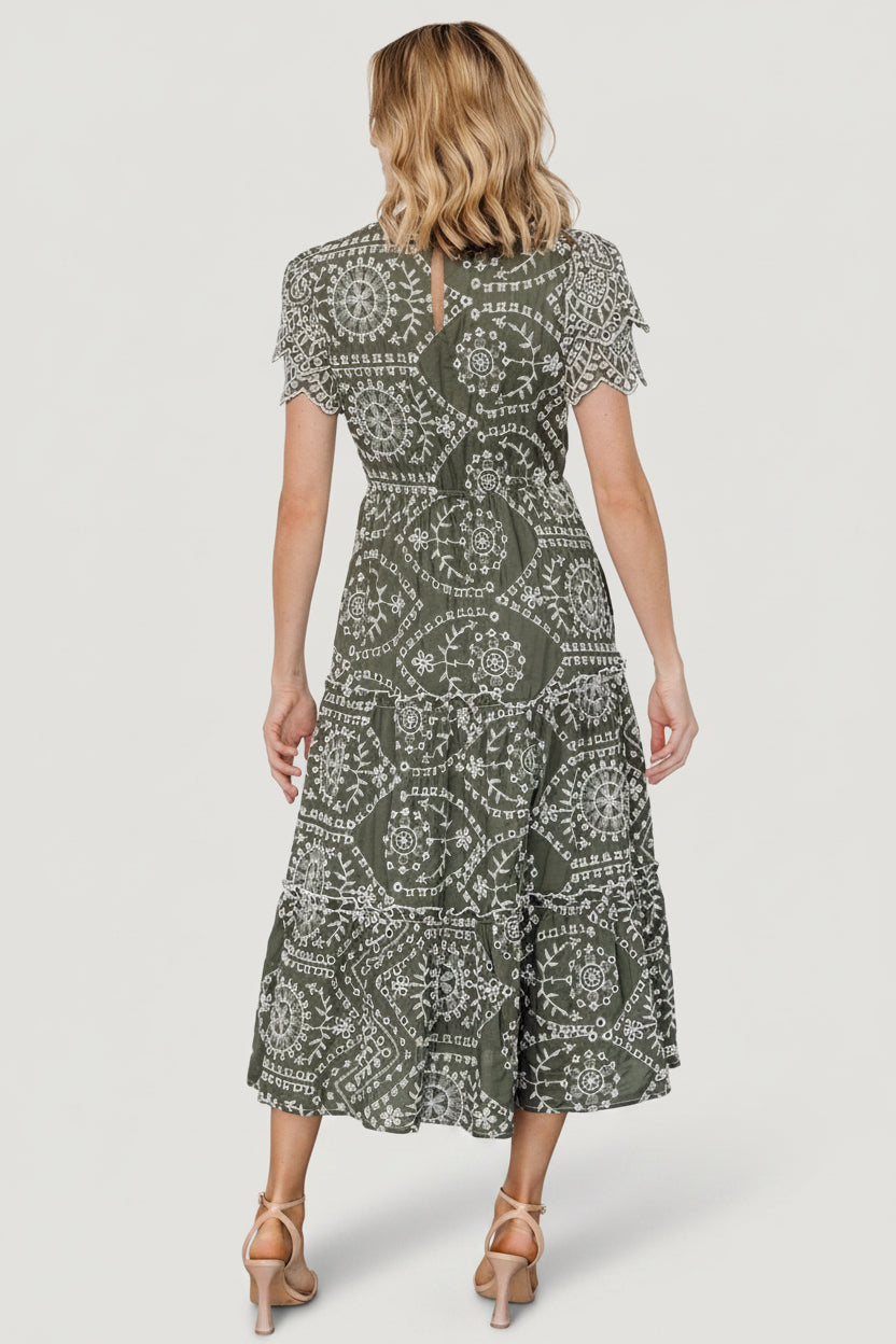 Mirabel Eyelet Midi Dress | Baltic Born Olive + White