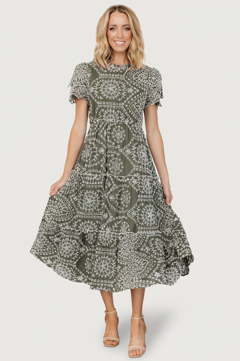 Mirabel Eyelet Midi Dress | Baltic Born Olive + White