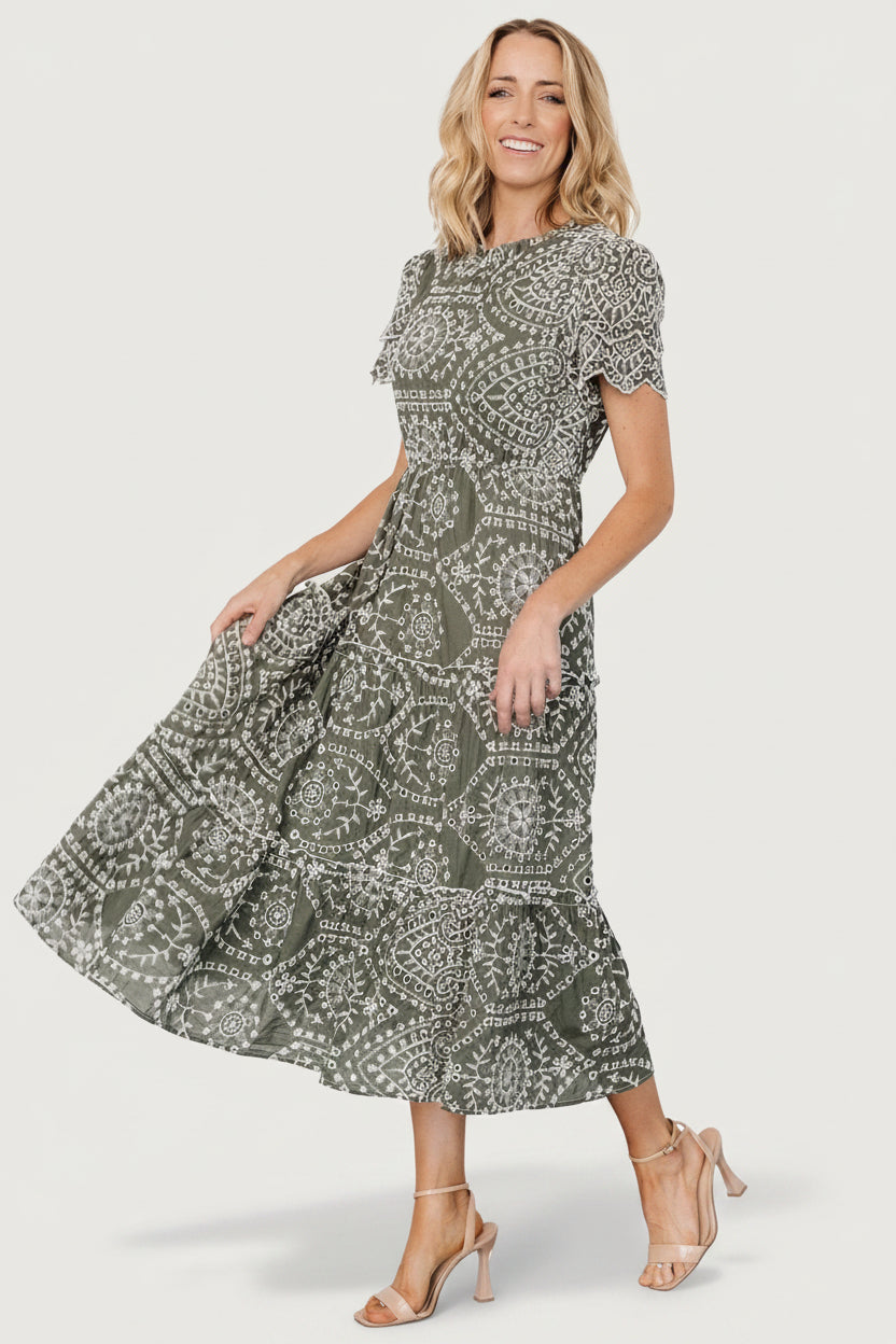 Mirabel Eyelet Midi Dress | Baltic Born Olive + White