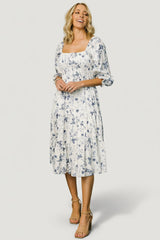 Marta Smocked Midi Dress | Baltic Born White + Blue