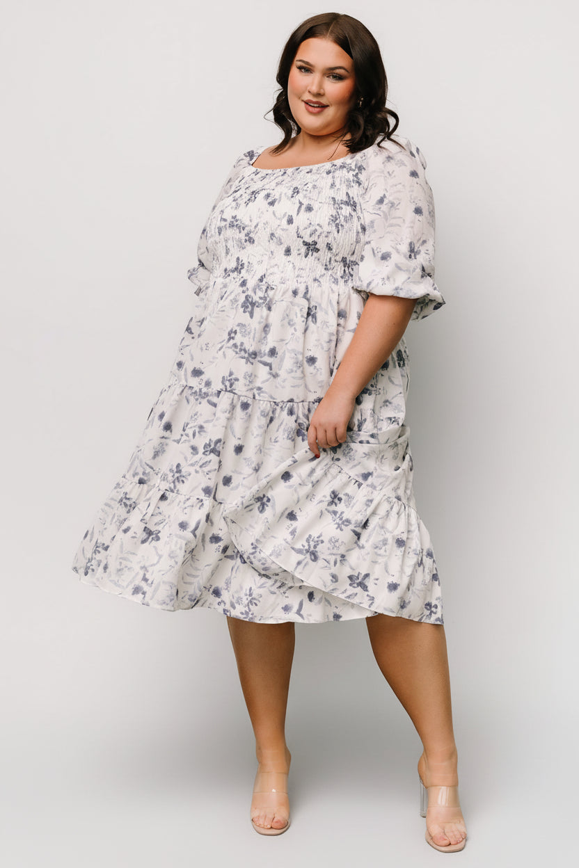 Marta Smocked Midi Dress | Baltic Born White + Blue