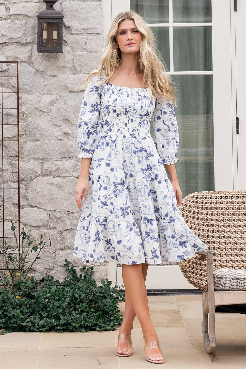Marta Smocked Midi Dress | Baltic Born White + Blue