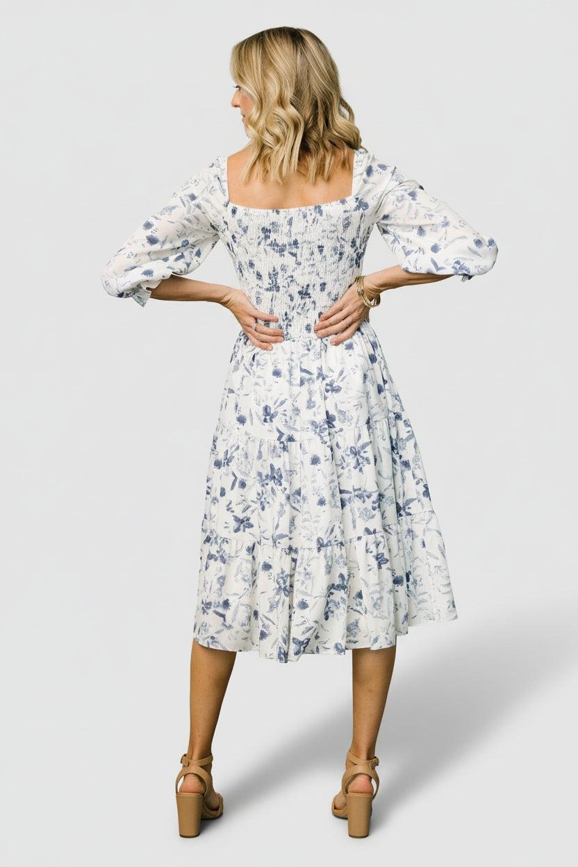 Marta Smocked Midi Dress | Baltic Born White + Blue