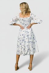 Marta Smocked Midi Dress | Baltic Born White + Blue