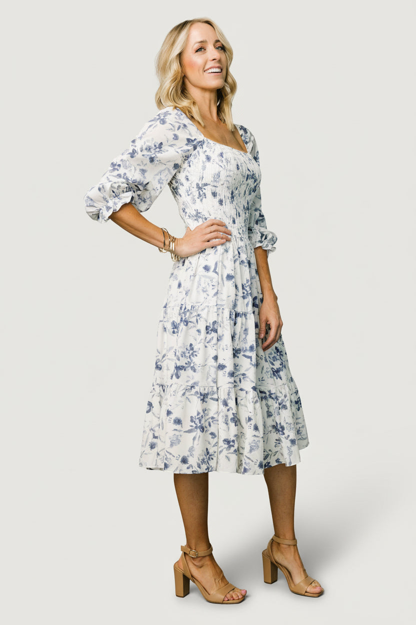 Marta Smocked Midi Dress | Baltic Born White + Blue