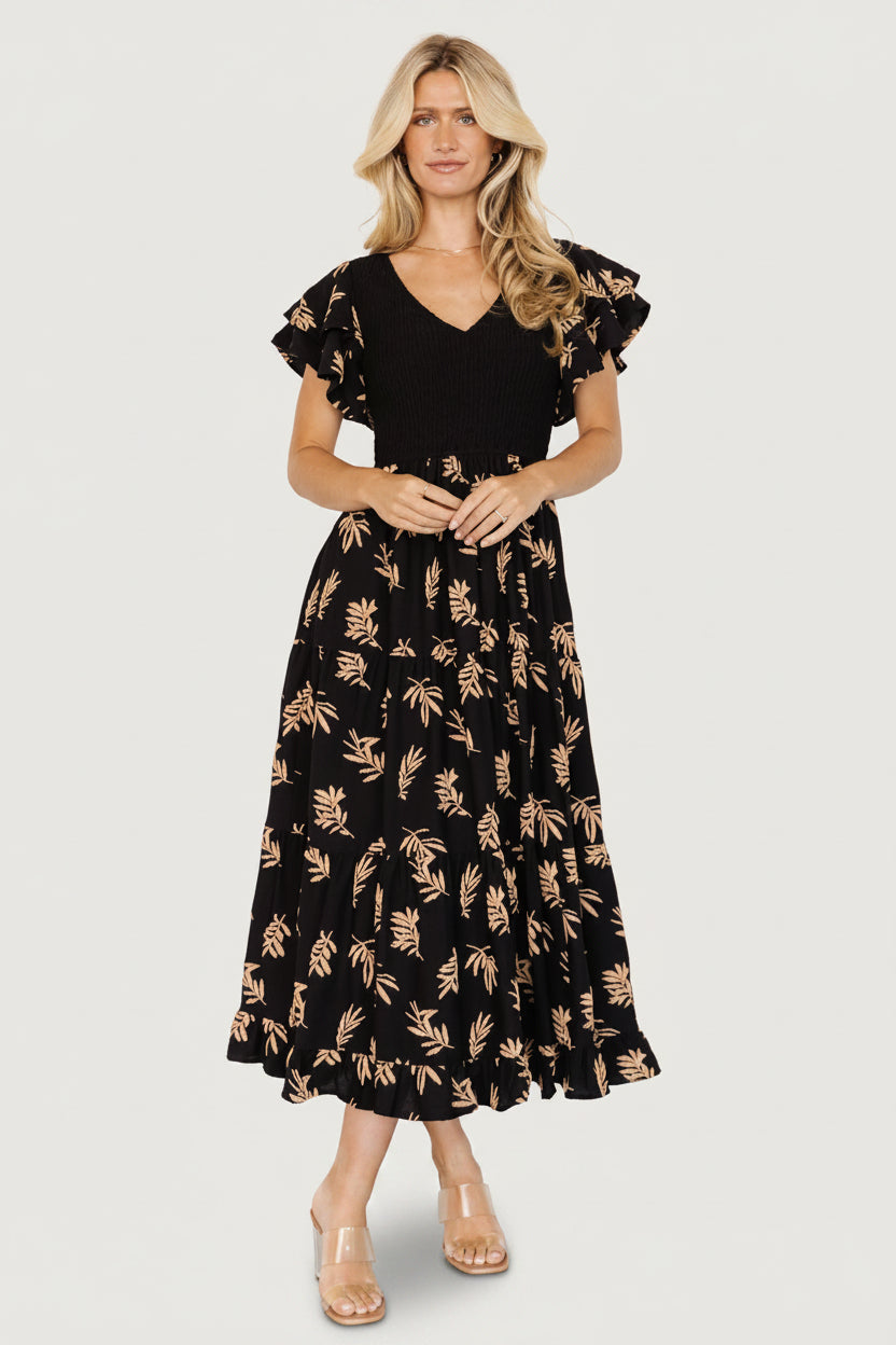 Estelle Smocked Midi Dress | Baltic Born Black + Tan Print